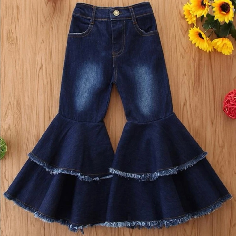 Girls Dark Wash Tiered Layer Flare Leg Jeans